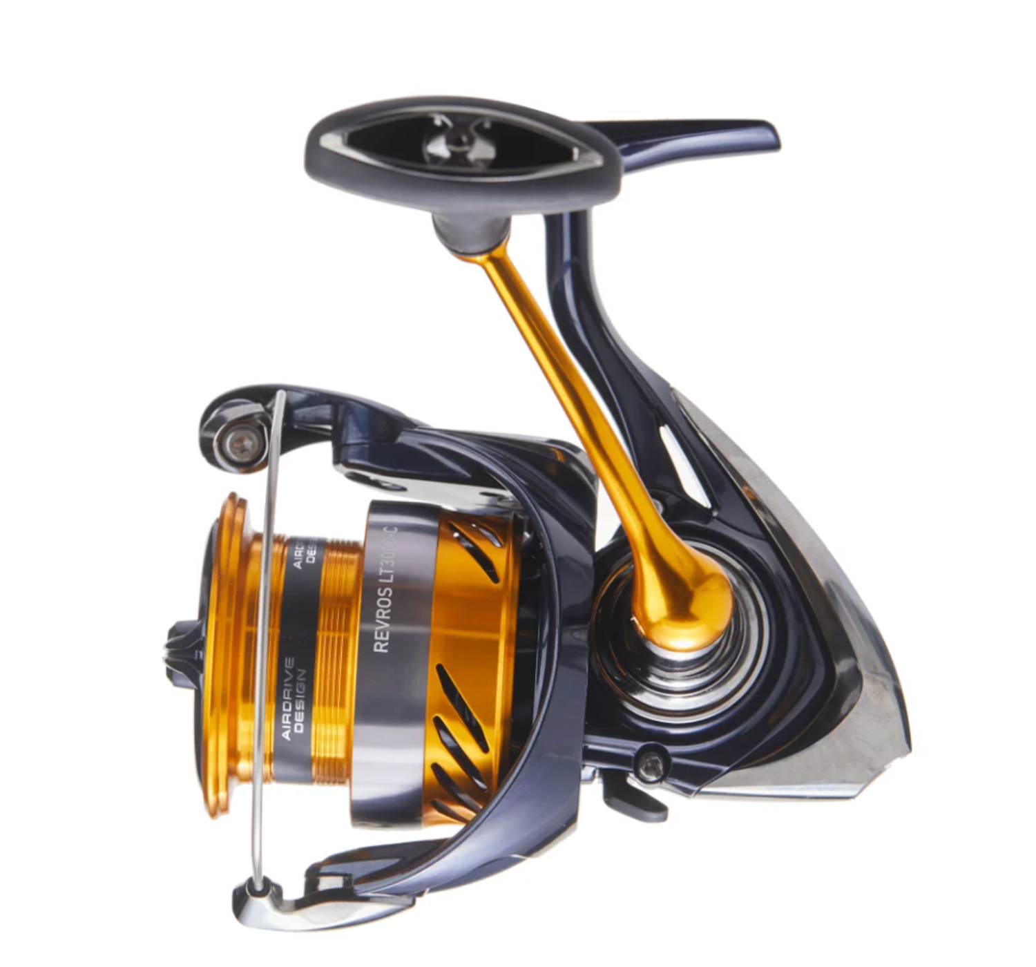 Fishing reel with gold and black design on a white background