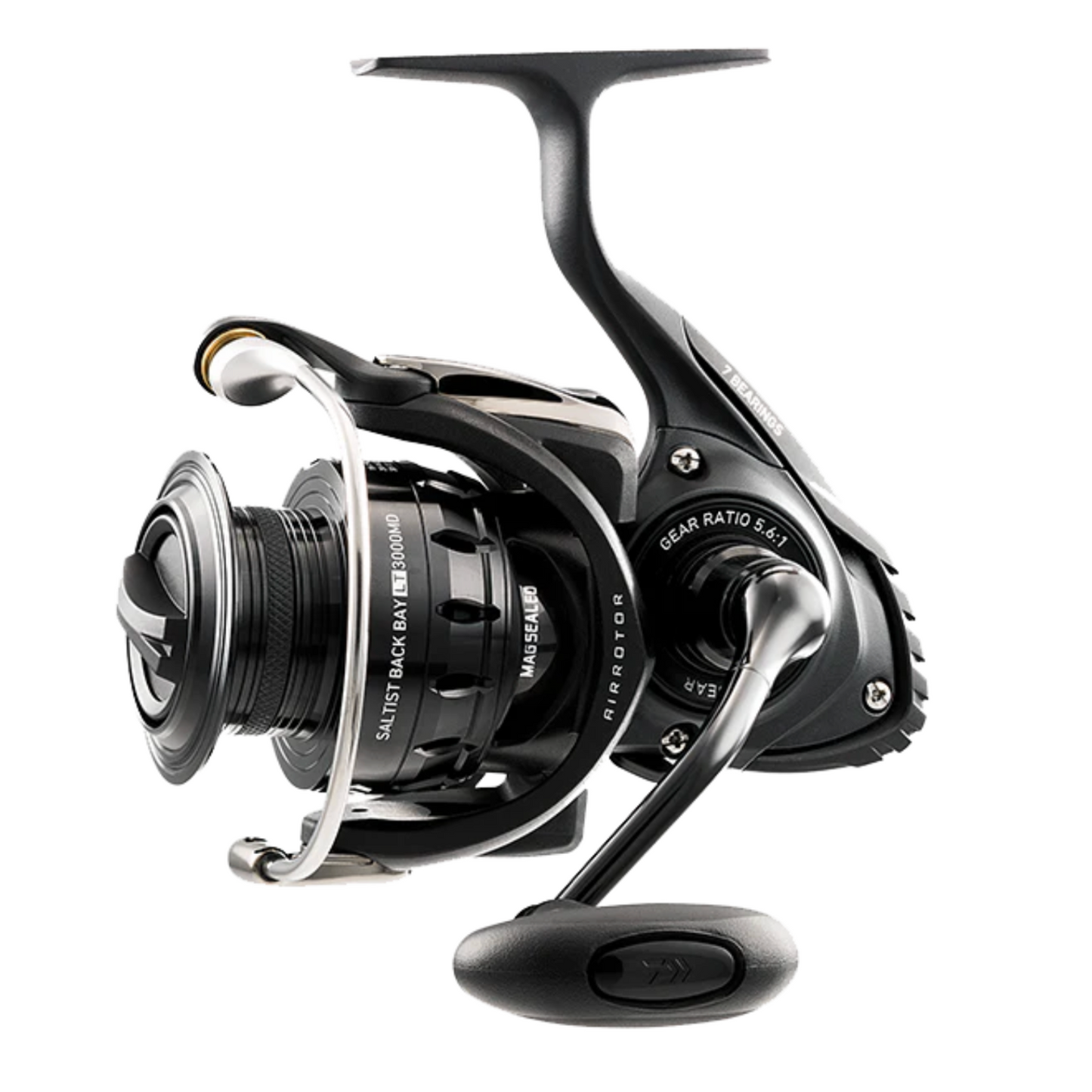 Fishing reel with visible brand logo on a white background