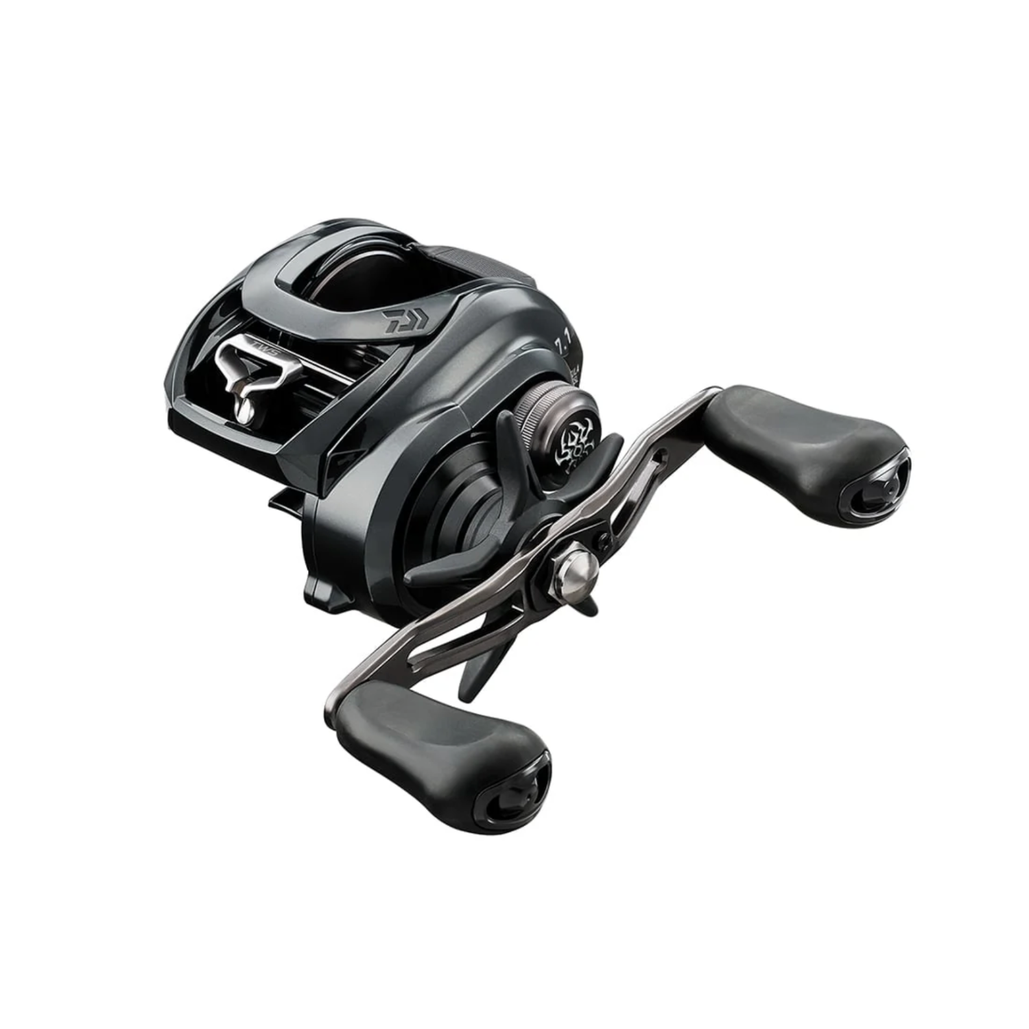 Black fishing reel on a white background