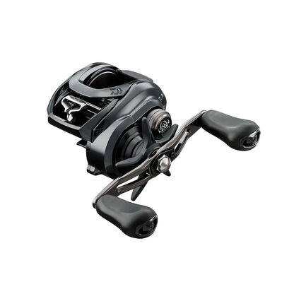 Black fishing reel on a white background
