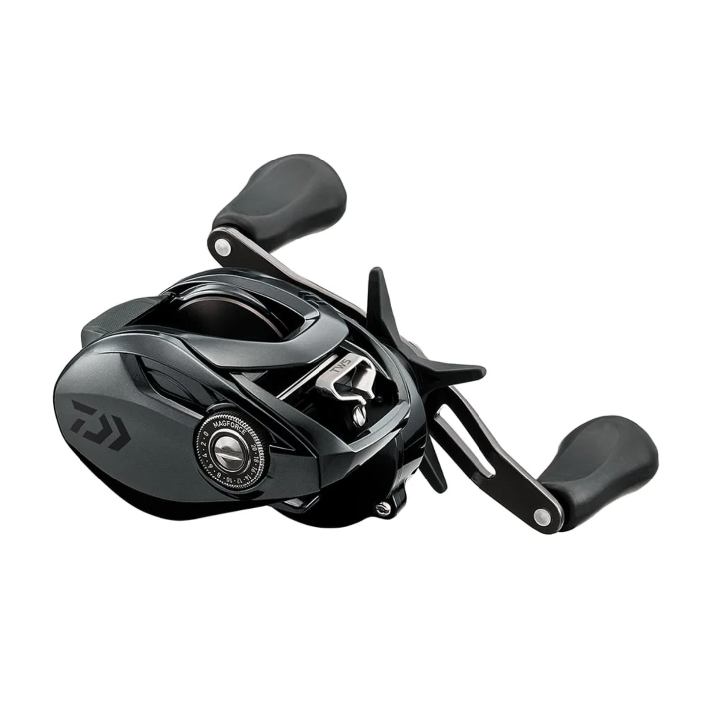 Black fishing reel on a white background