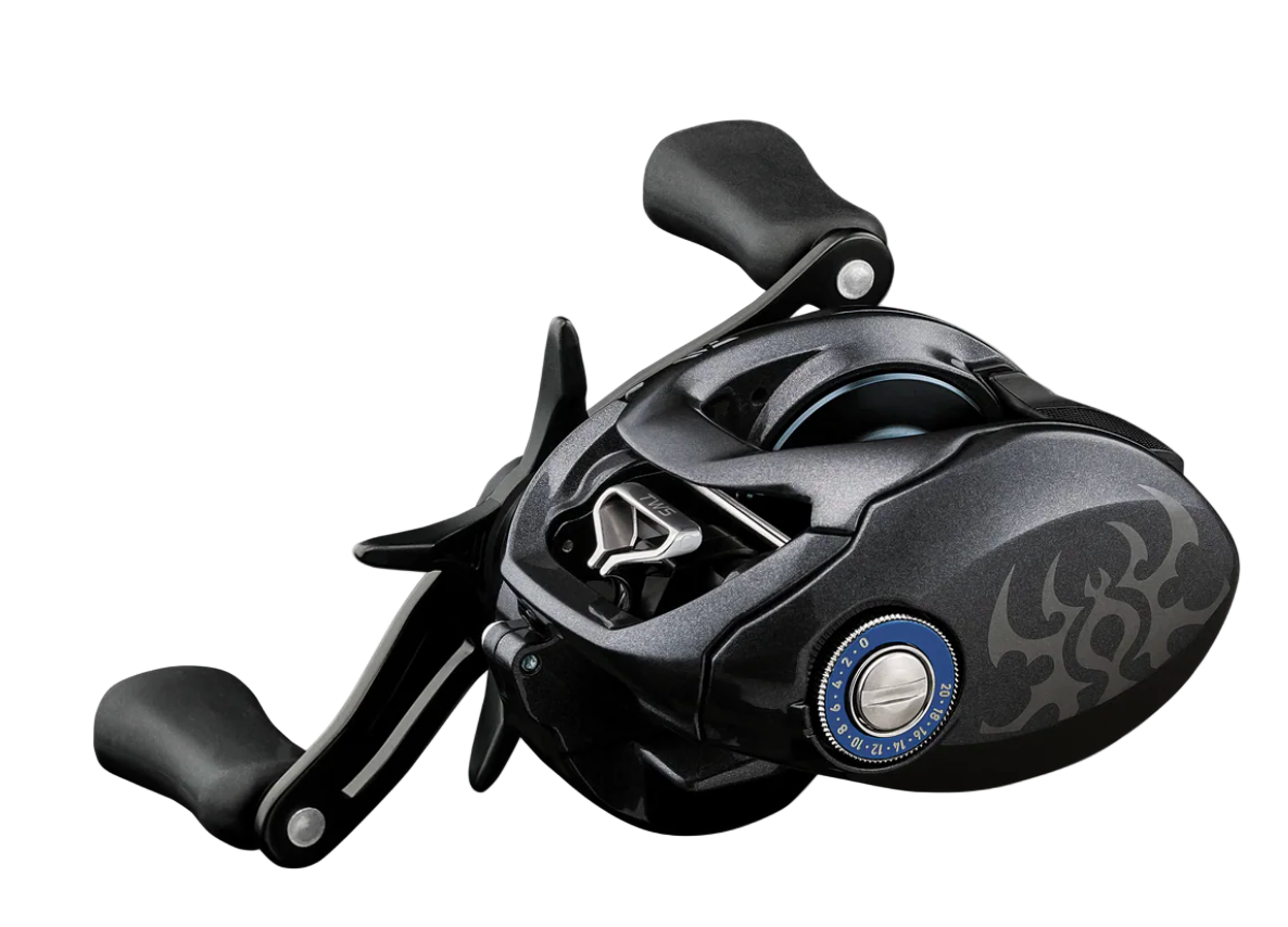 Black fishing reel with a white background