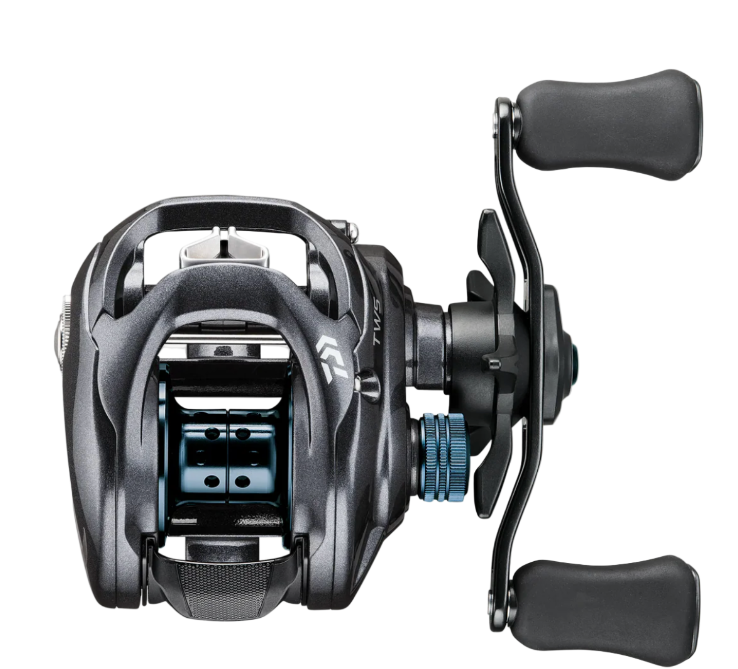 Black fishing reel with a white background