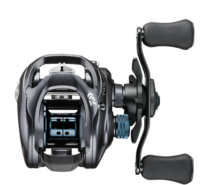 Black fishing reel with a white background