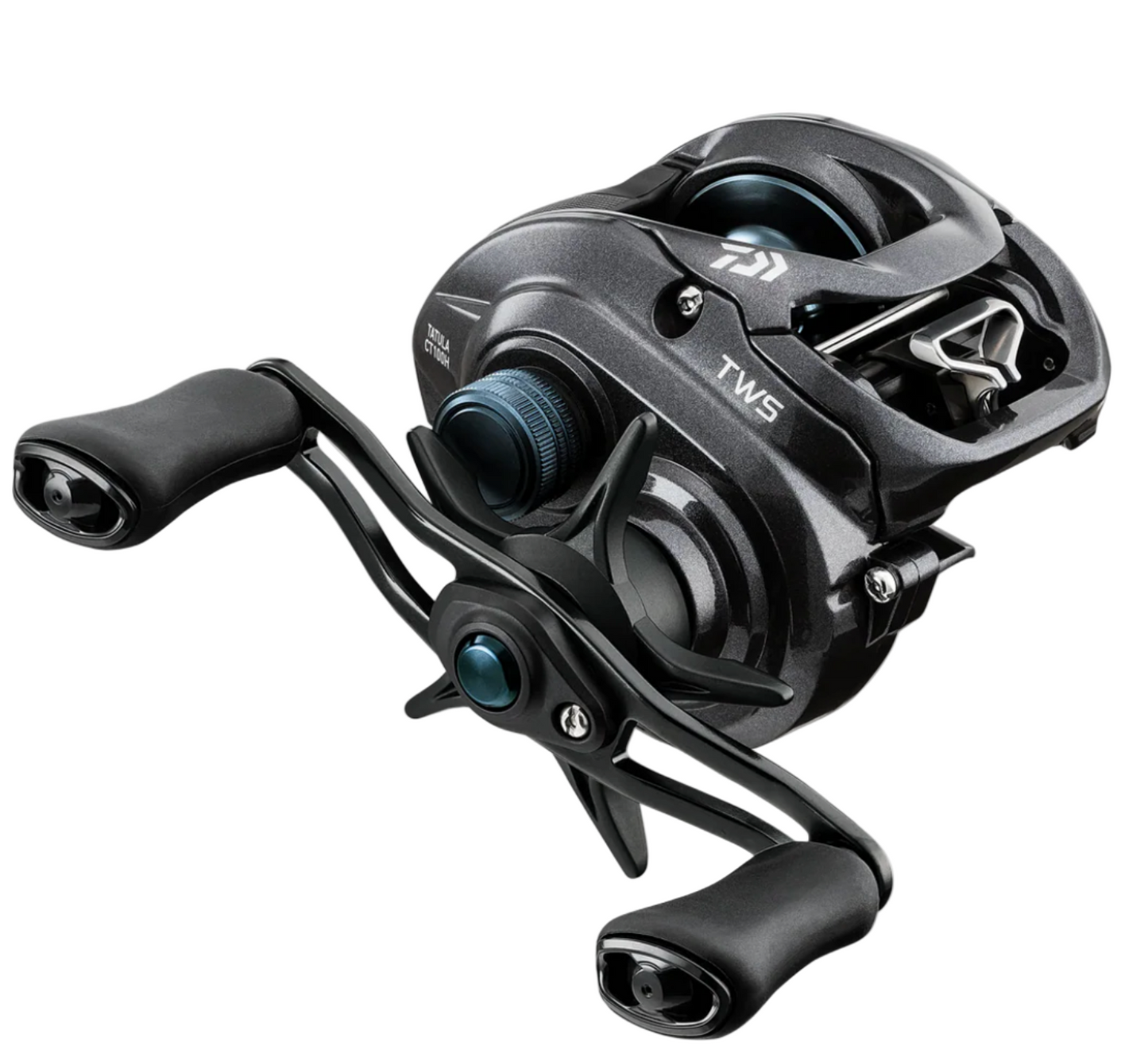 Black fishing reel with 'TWS' branding on a white background