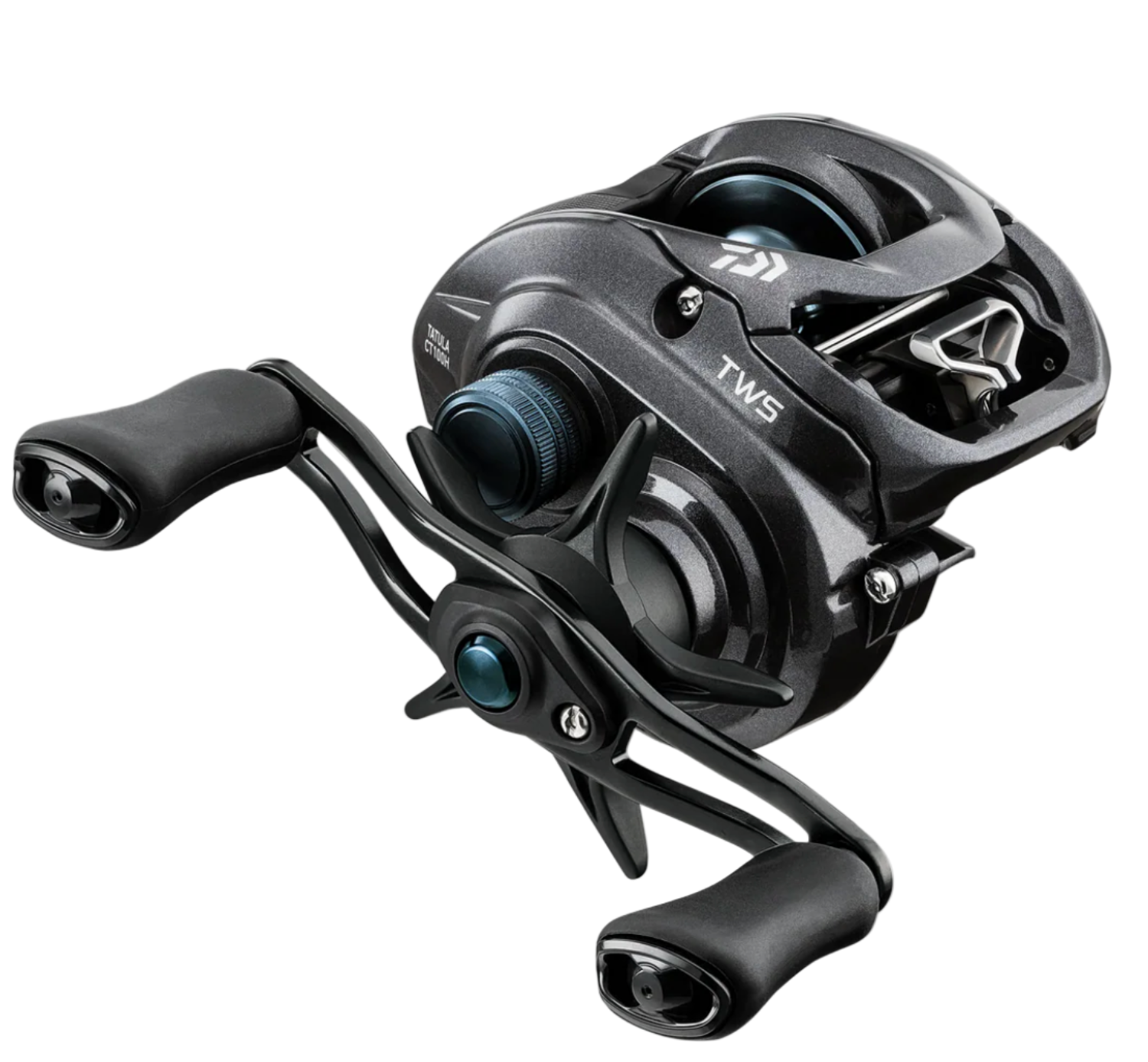 Black fishing reel with 'TWS' branding on a white background