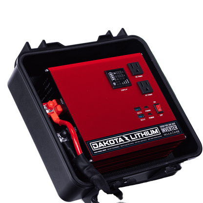 Dakota Lithium inverter with red display and black casing on a white background