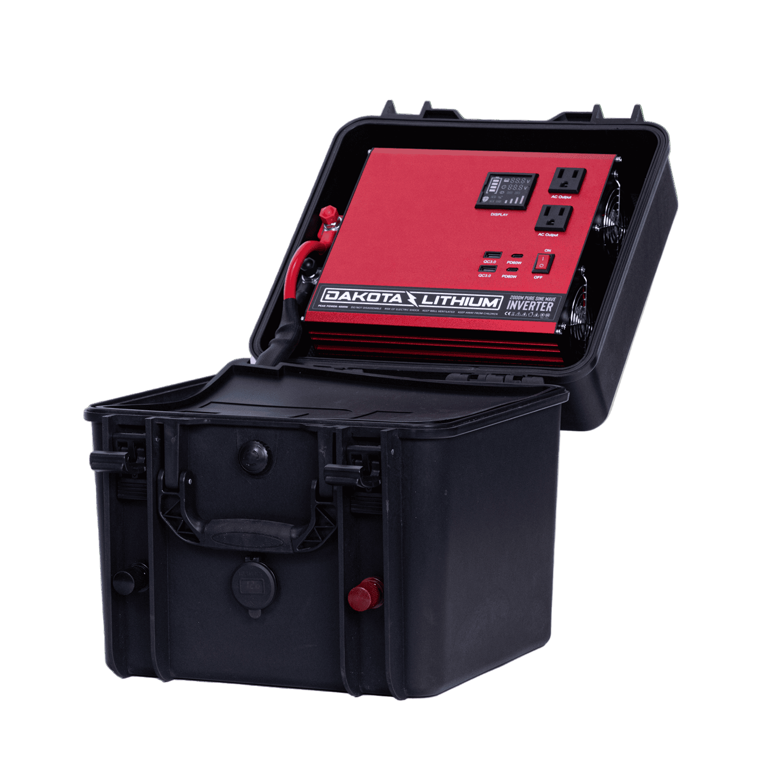 Dakota Lithium inverter in a black carrying case on a transparent background