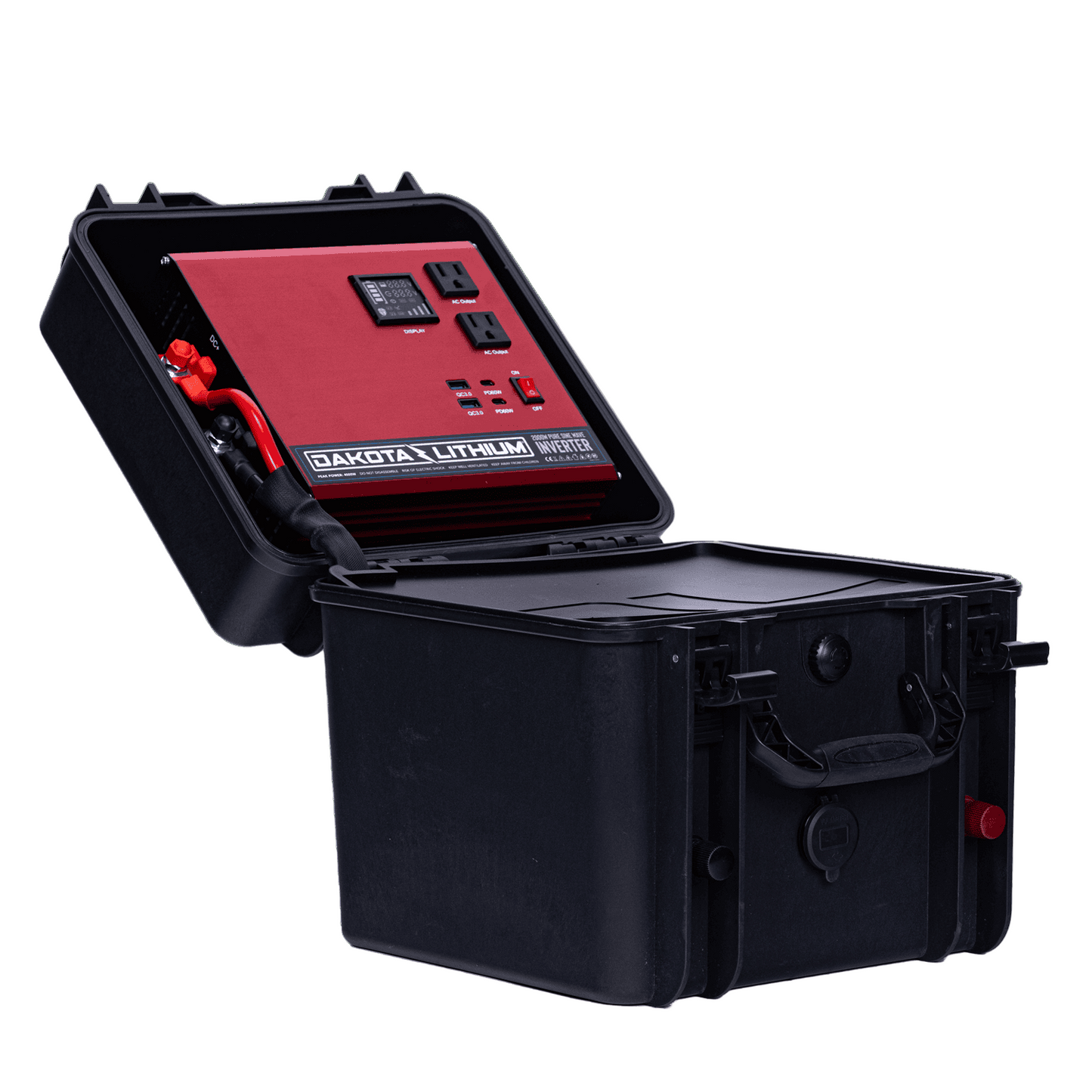 Black carrying case with a red Dakota Lithium battery inside on a transparent background