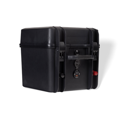 Black motorcycle saddlebag on a white background