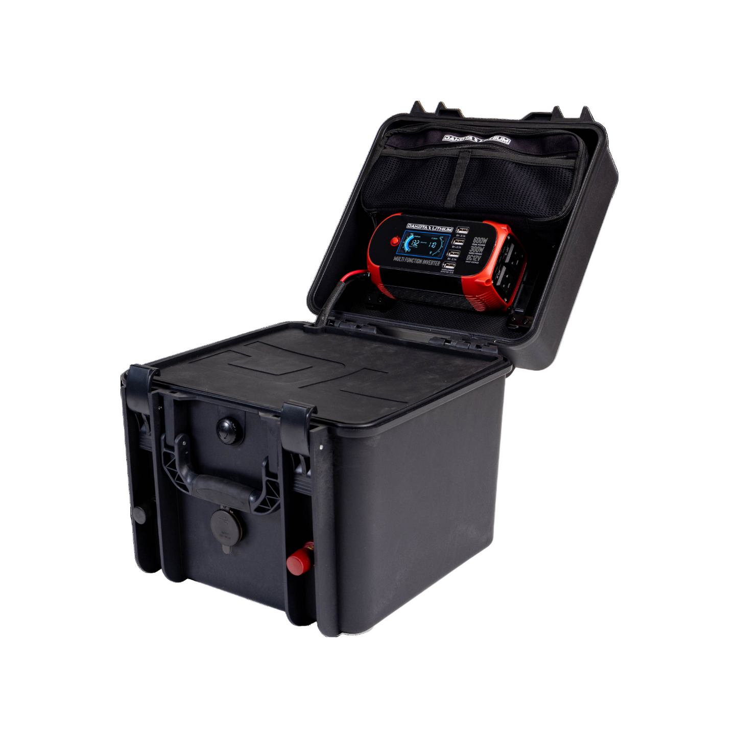 Black toolbox with a digital device inside on a white background