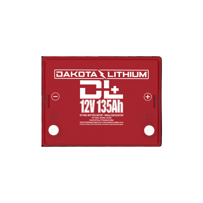 Red battery with Dakota Lithium branding on a white background