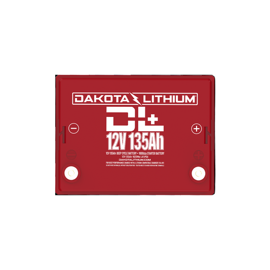 Red battery with Dakota Lithium branding on a white background