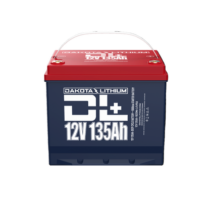 Dakota Lithium battery with red top and blue body on a white background
