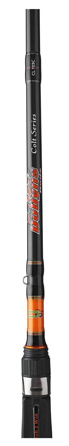 Fishing rod with black and orange design on a white background