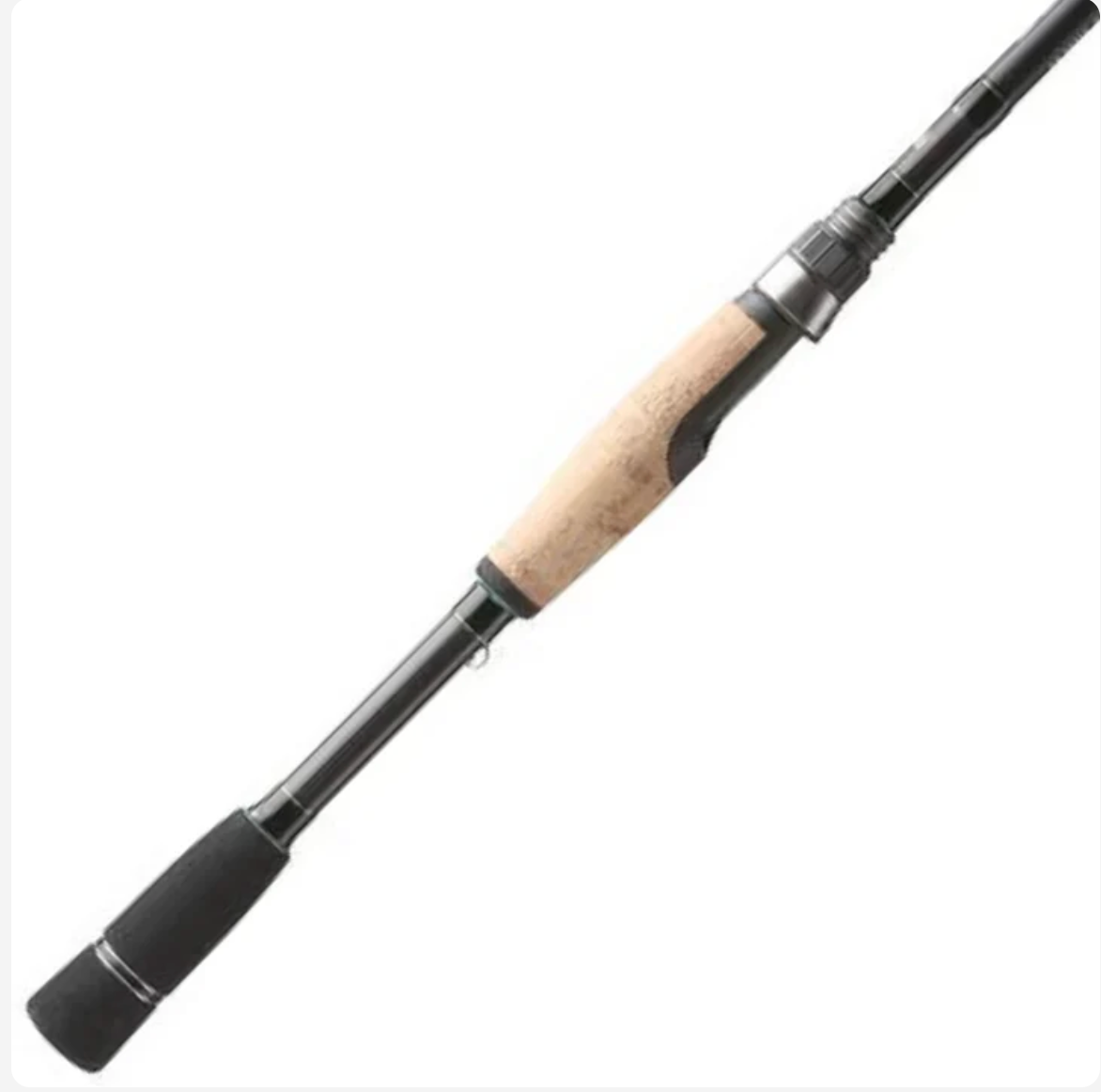Fishing rod with black and beige handle on a white background
