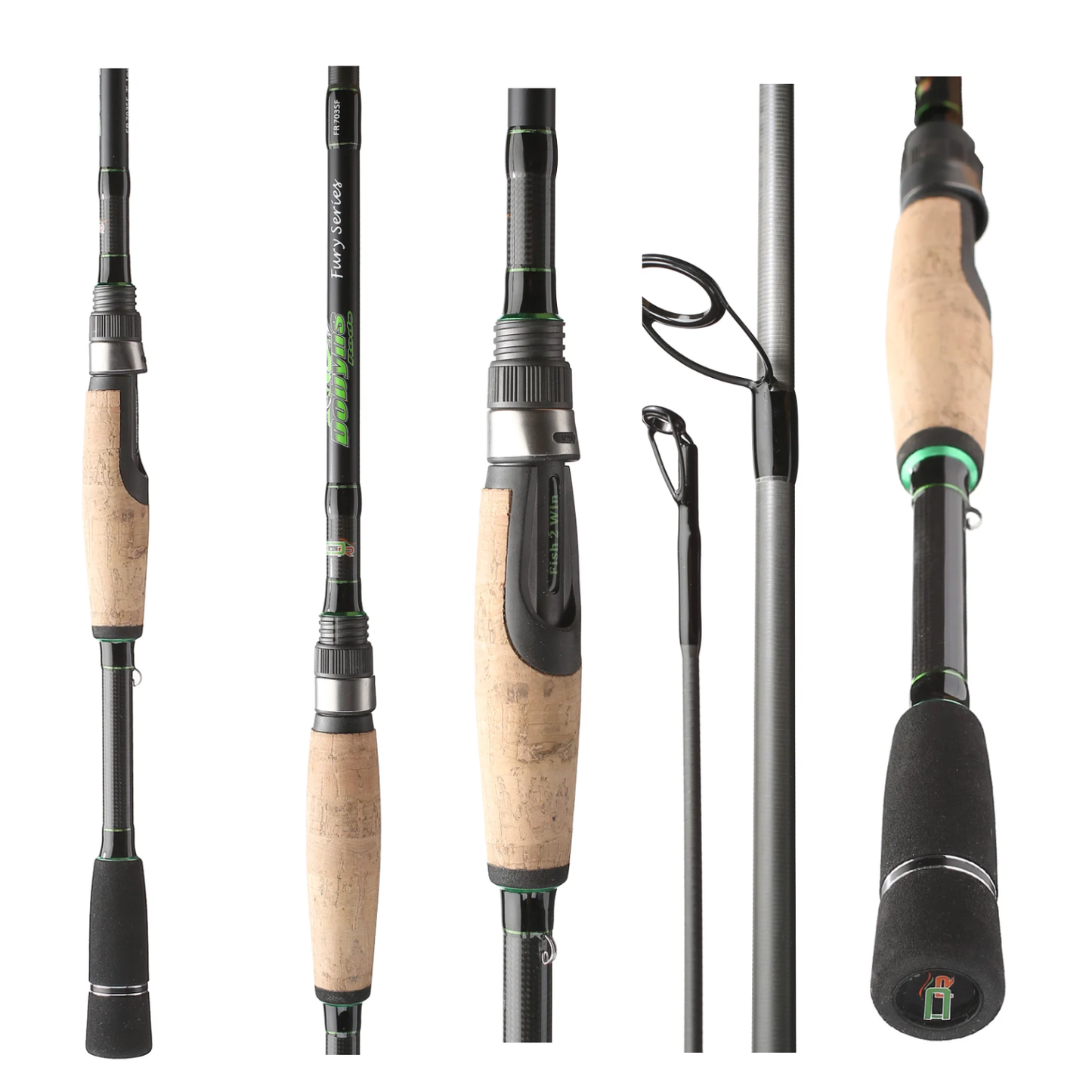Collection of fishing rods and reels on a white background