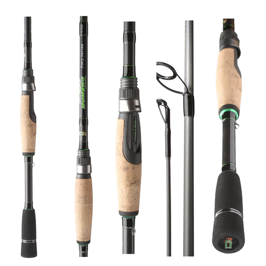 Collection of fishing rods and reels on a white background