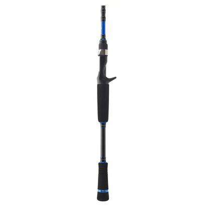 Fishing rod with black and blue design on a white background