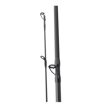 Fishing rod with black and blue design on a white background