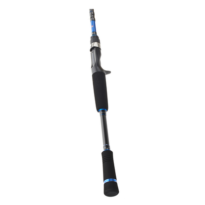 Fishing rod with black and blue handle on a white background
