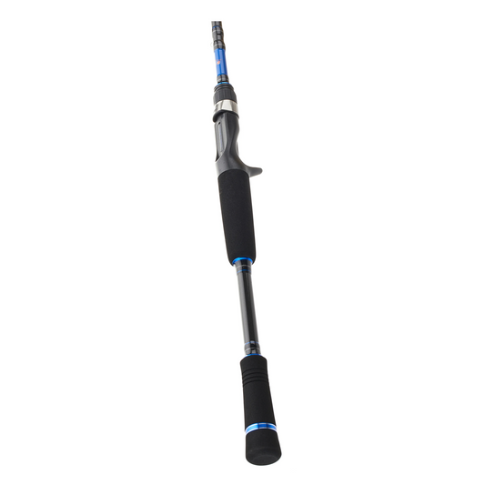 Fishing rod with black and blue handle on a white background