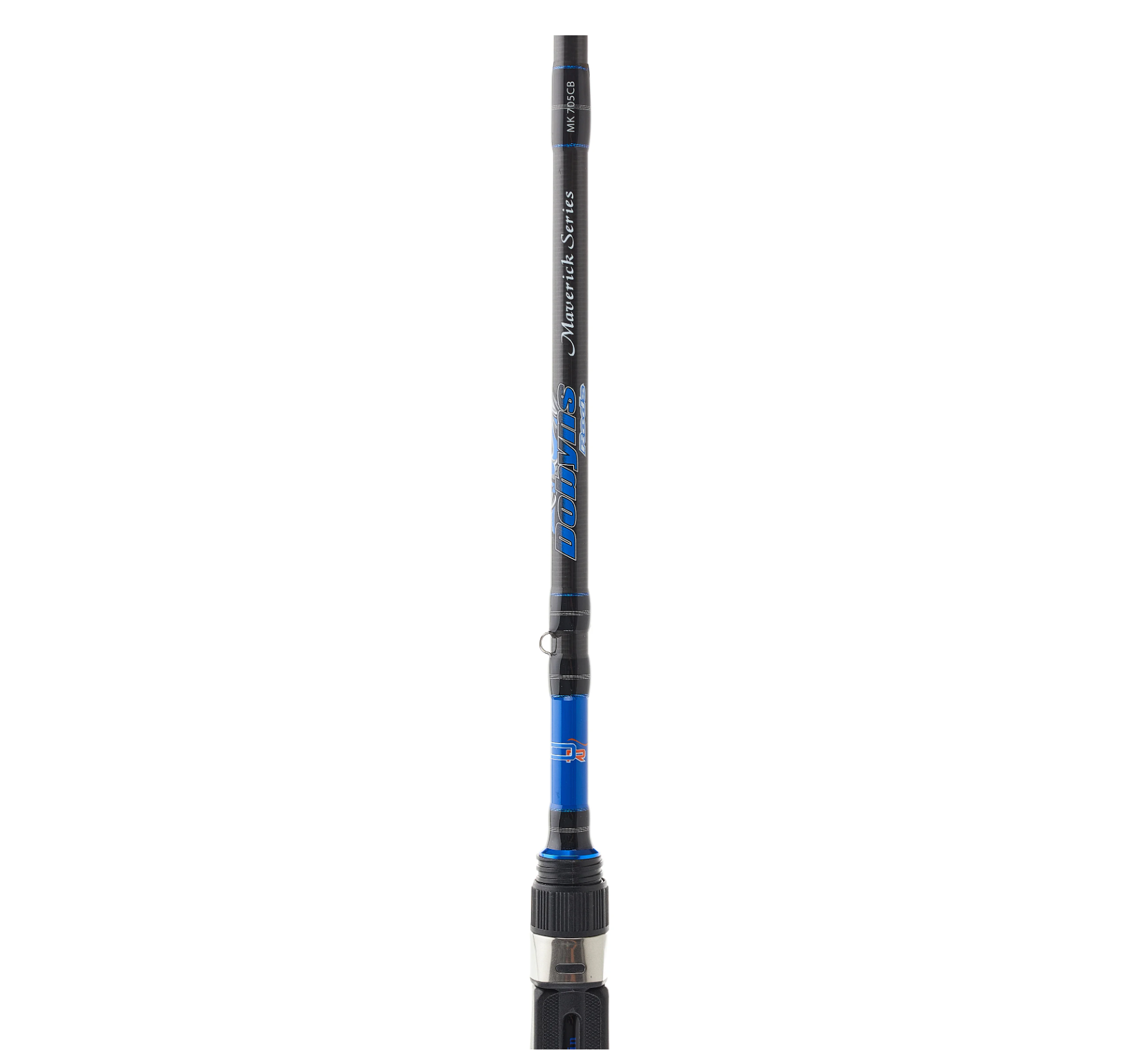 Fishing rod with black and blue design on a white background