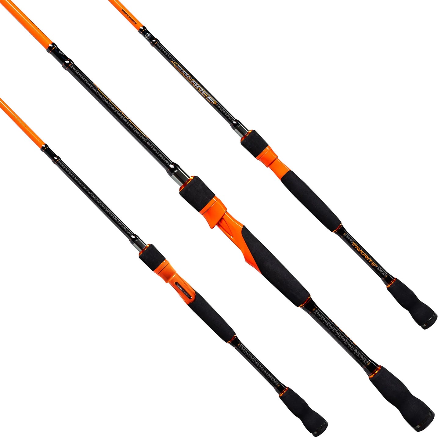 Two orange and black fishing rods on a white background