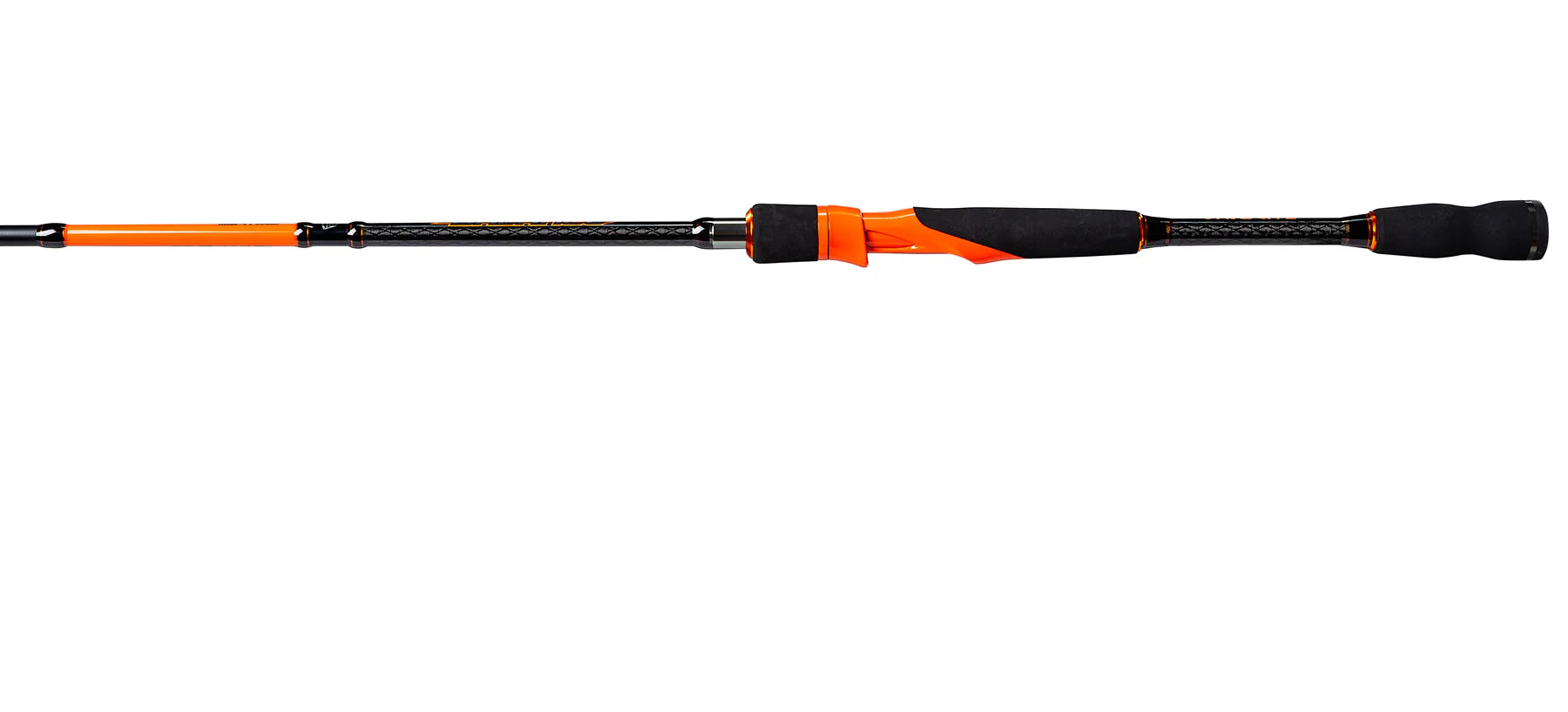 Two orange and black fishing rods on a white background
