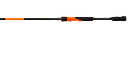 Two orange and black fishing rods on a white background