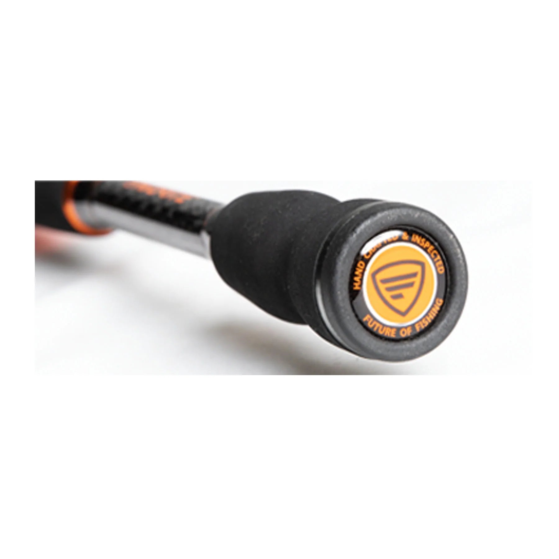 Two orange and black fishing rods on a white background