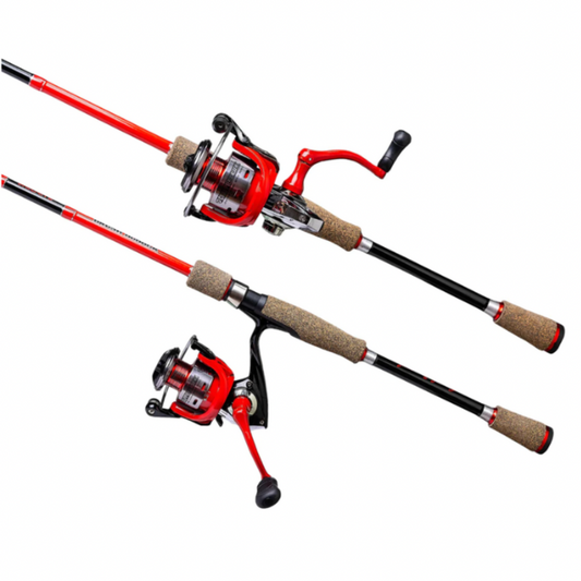 A Favorite Brush Dobber Crappie Spinning Combo fishing rod set, featuring red and black coloration with a gray handle and reel.