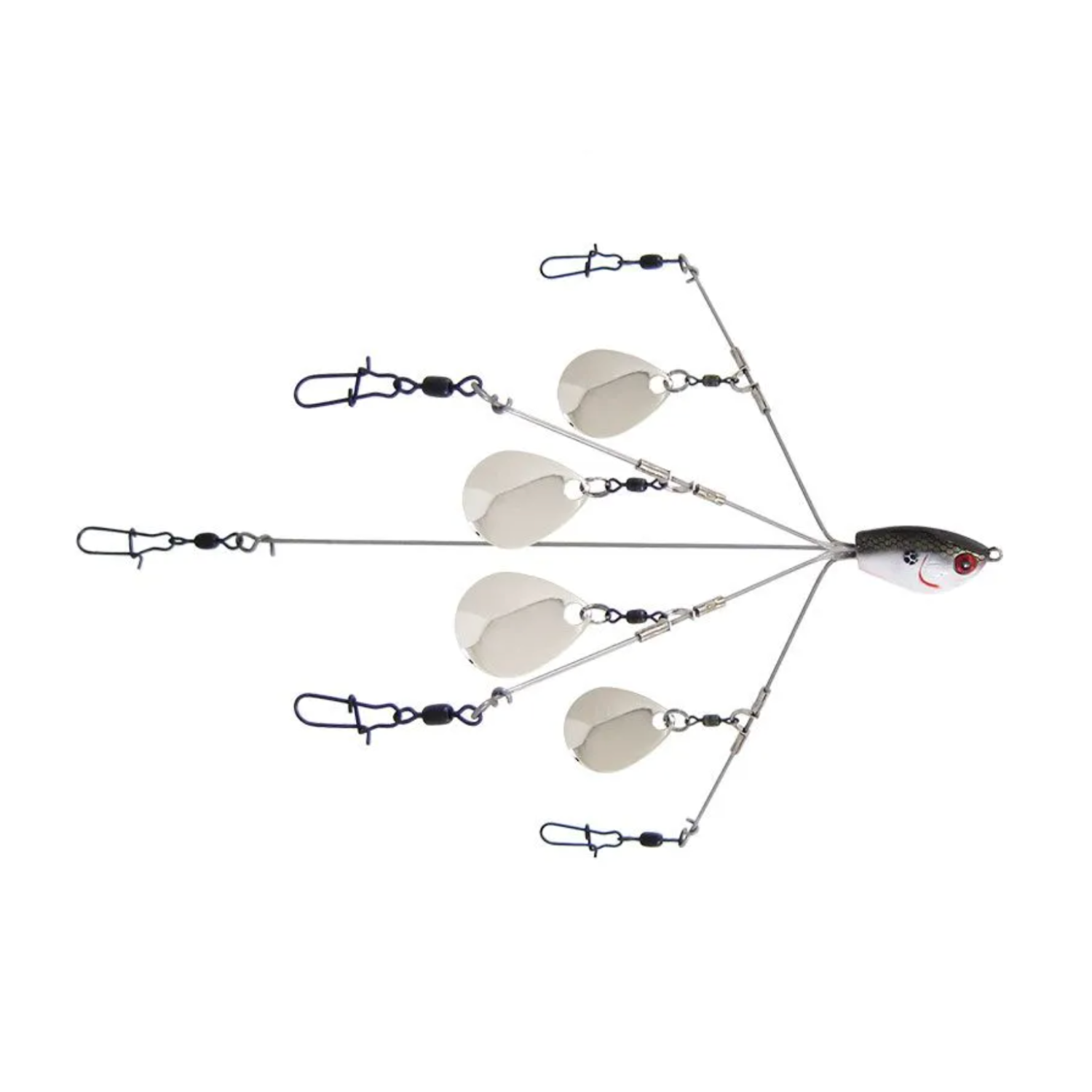 Fishing lure with multiple hooks on a white background
