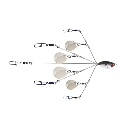 Fishing lure with multiple hooks on a white background
