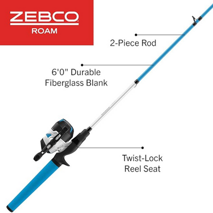 ZEBCO ROAM SPINCAST COMBO 6’2” MEDIUM ROD 10# LINE