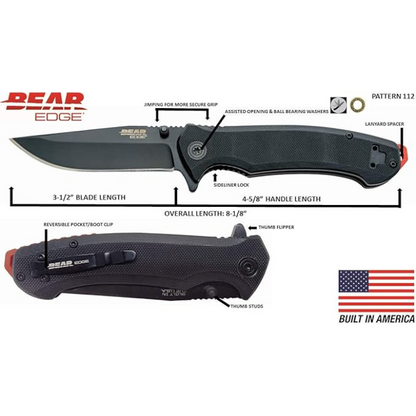 BEAR & SONS BEAR EDGE BLACK/RED ASSIST KNIFE 3-1/2" BLADE 4 1/8" CLOSED