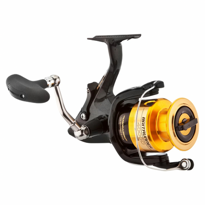 Fishing reel with black and gold design on a white background