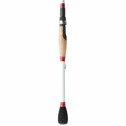 Fishing rod with a white handle and red accents on a white background