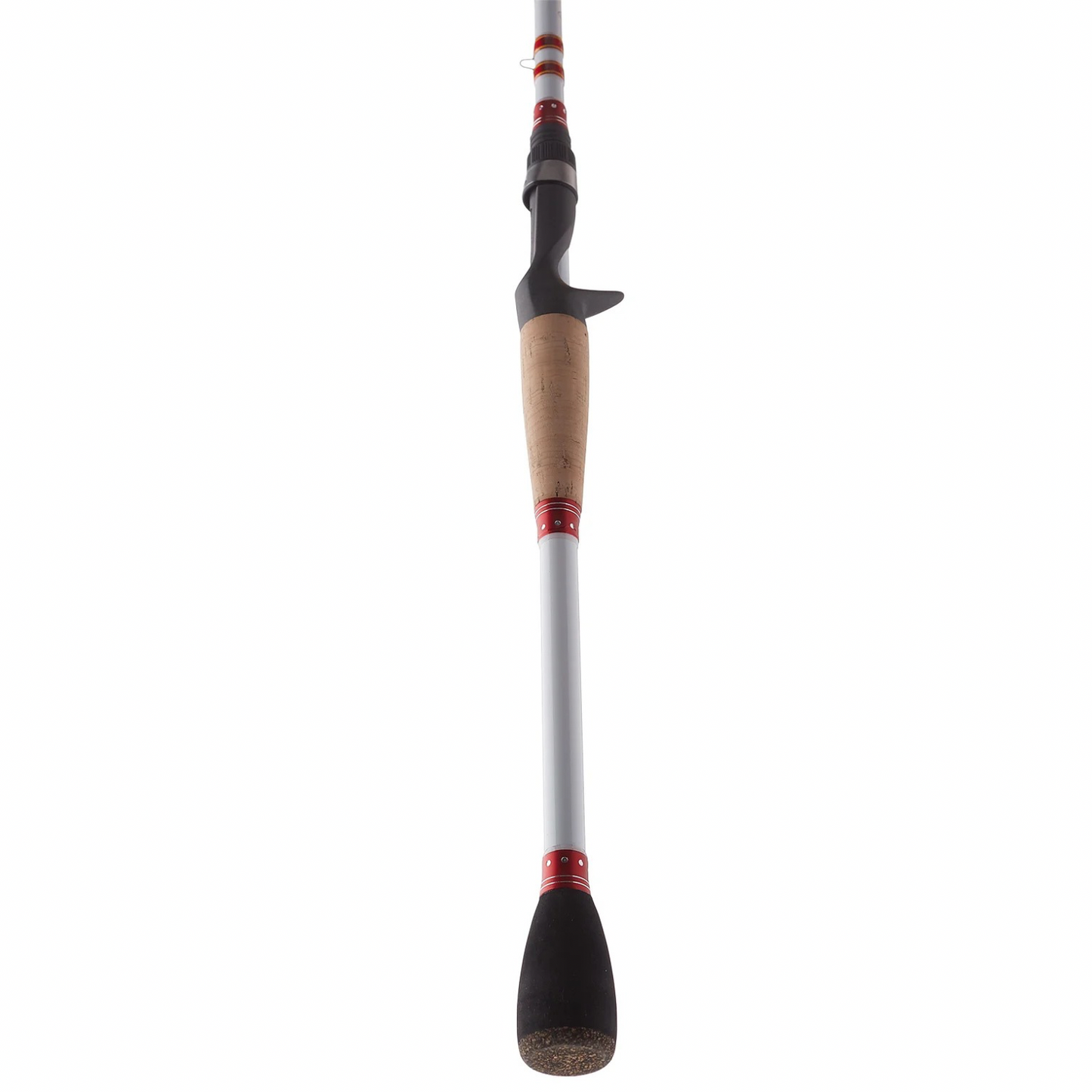 Fishing rod with a black and red handle on a white background