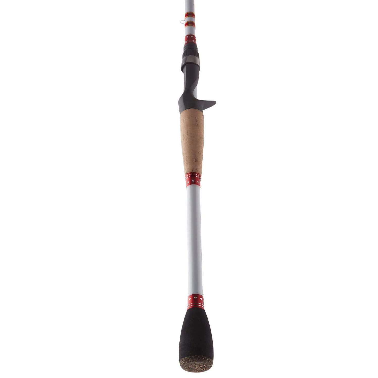 Fishing rod with a black and red handle on a white background