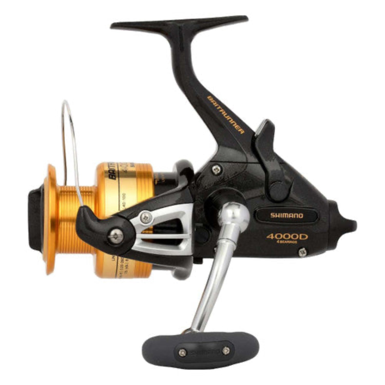 Shimano fishing reel with gold spool on a white background