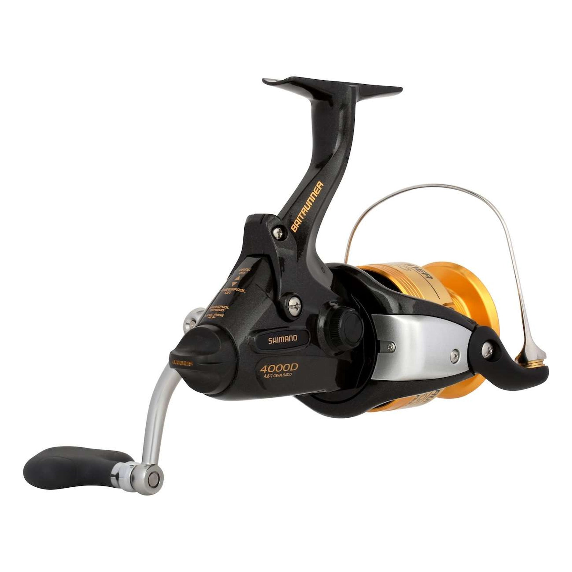 Fishing reel with black and gold design on a white background