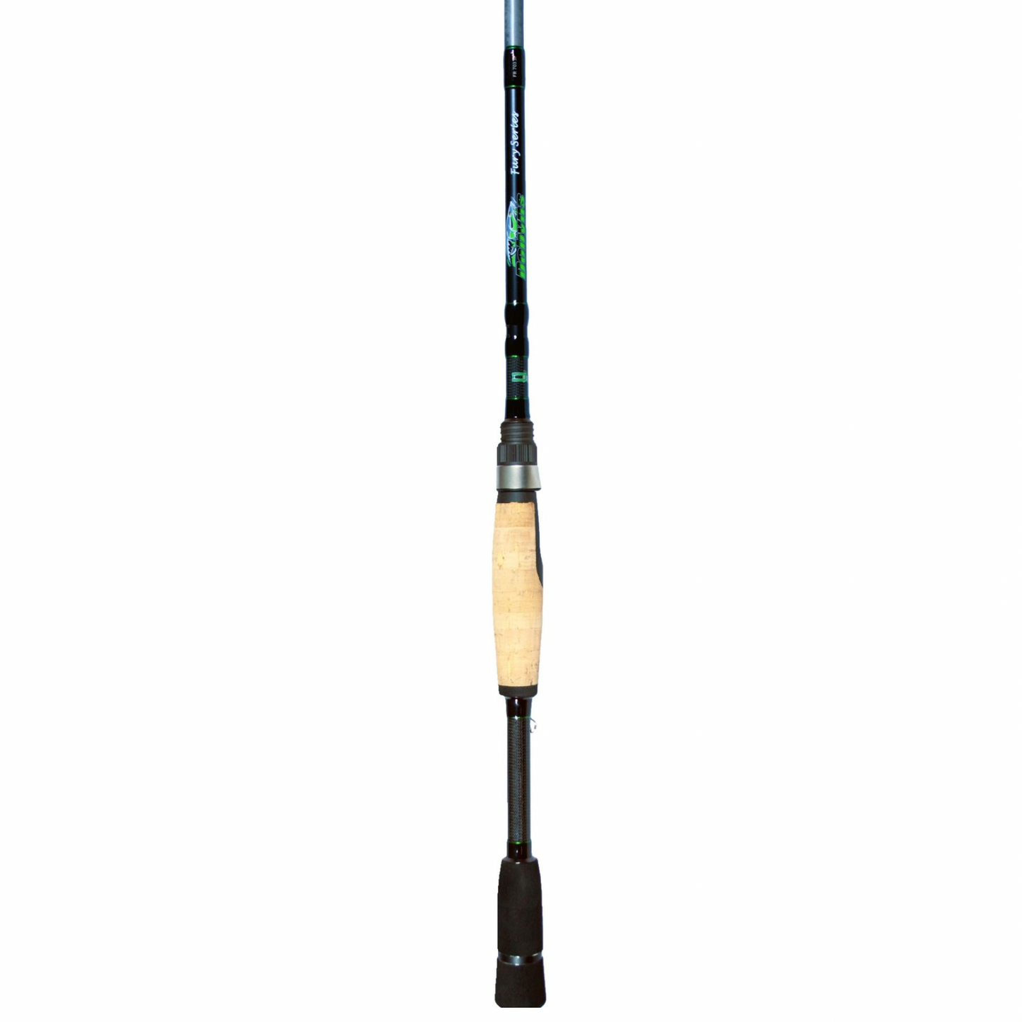 Fishing rod with black and beige handle on a white background