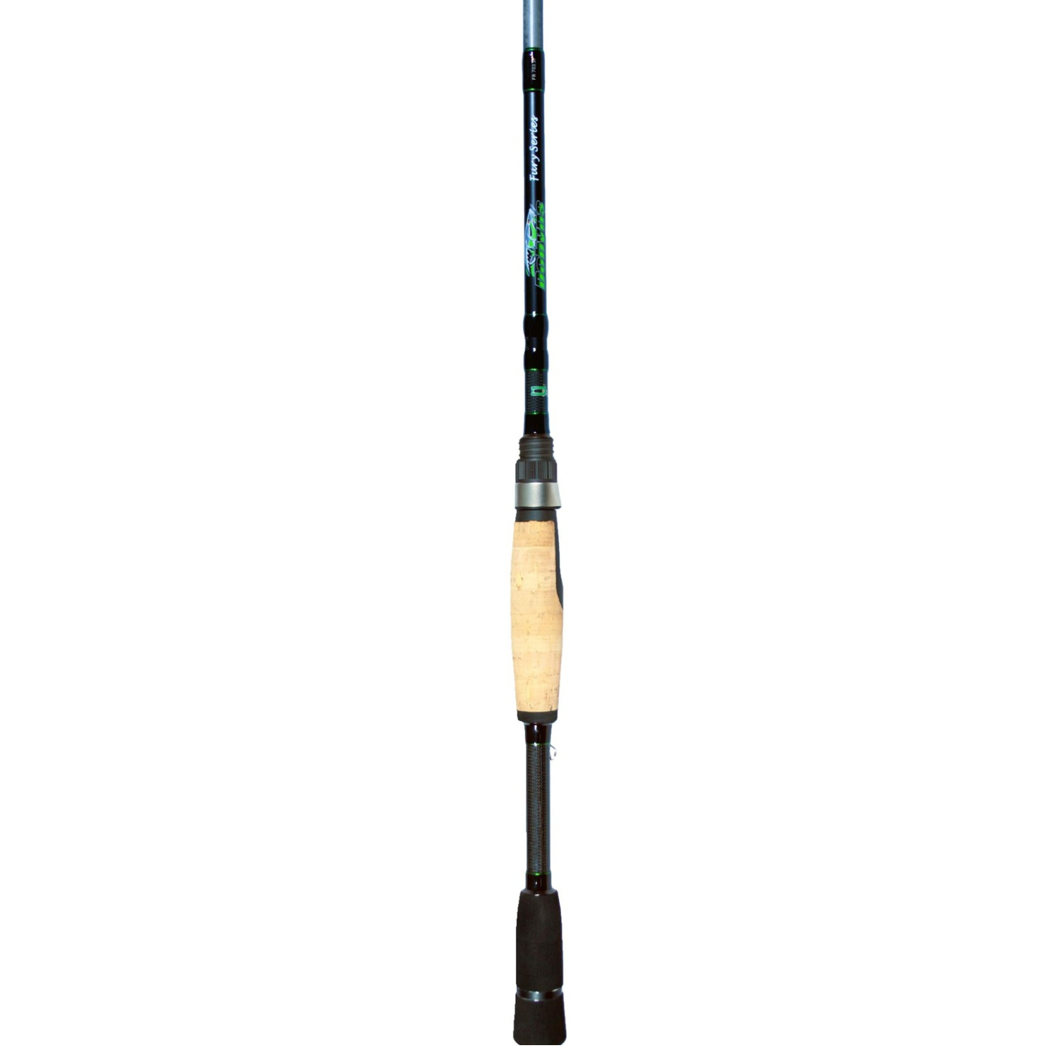 Fishing rod with black and beige handle on a white background