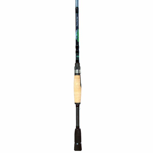 Fishing rod with black and beige handle on a white background