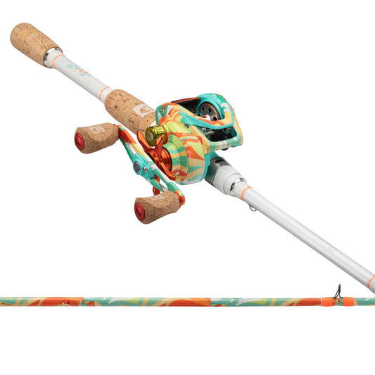 Fishing rod and reel set with colorful design on a white background