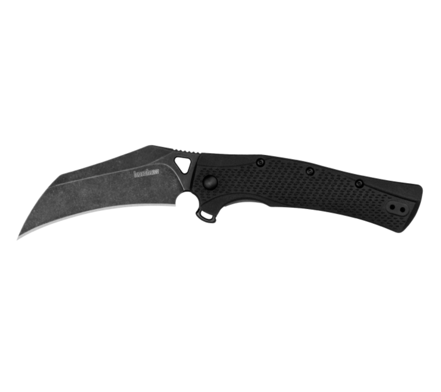 Black folding knife with a unique blade design on a white background