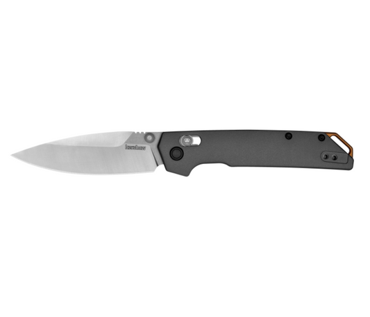 Folding knife with a black handle on a white background