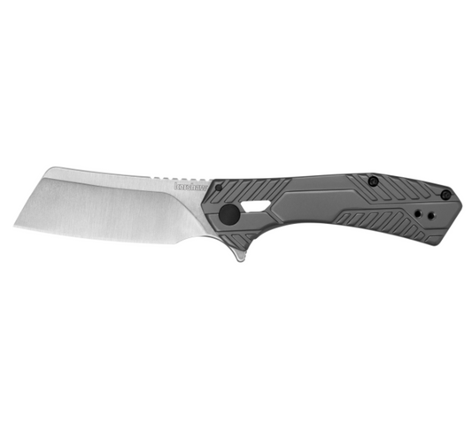 Folding knife with a metallic blade and black handle on a white background