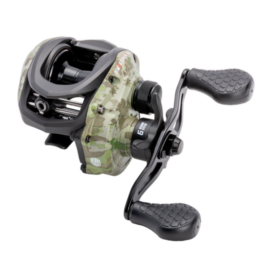 Fishing reel with camouflage pattern on a white background